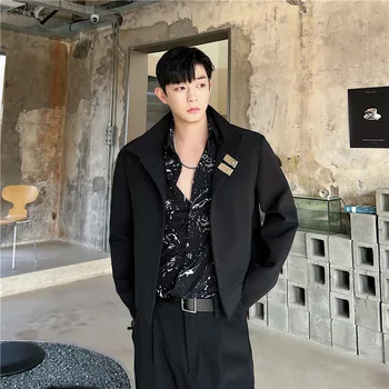 2023 Есенни якета в корейски стил с индивидуален дизайн и яка-часова, мъжки ежедневни свободни черно-бели сака с къс ръкав, мъжки, M-XL Изображение